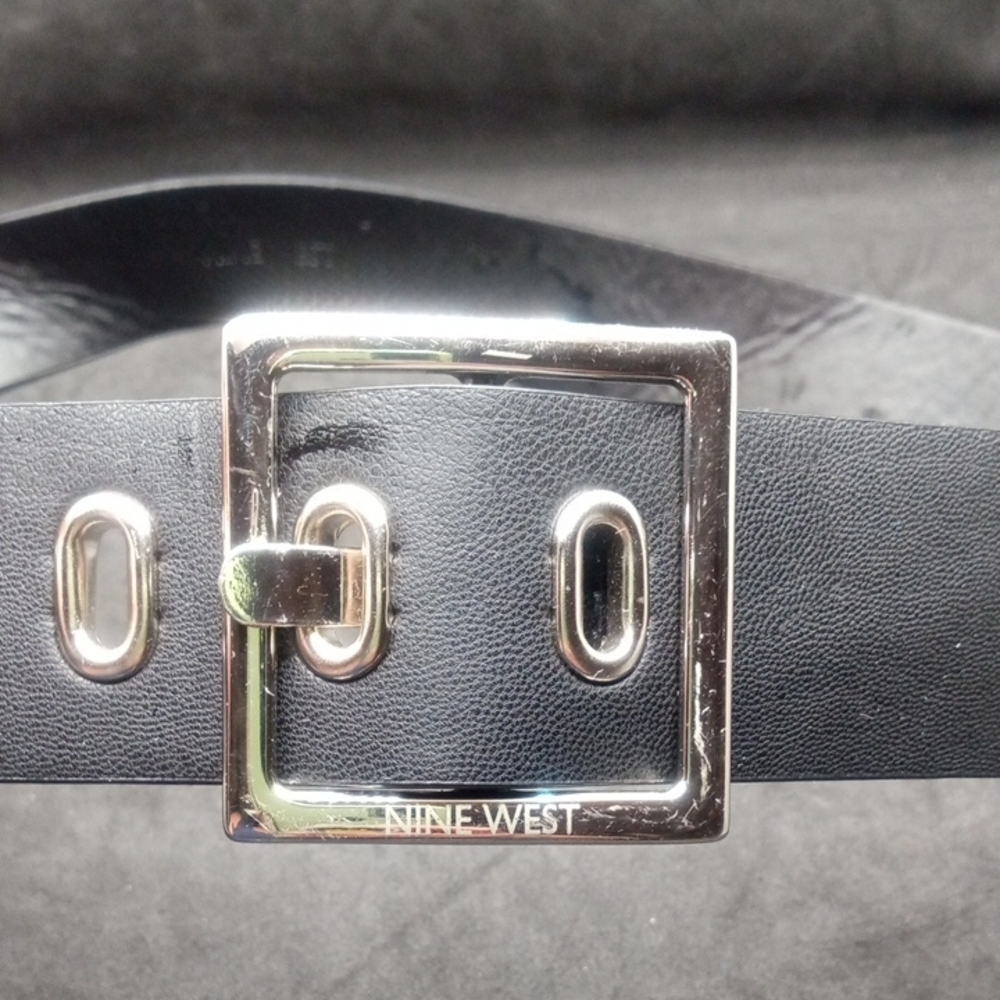Nine West 40 Inch Black Leather Belt with Silver Buckle